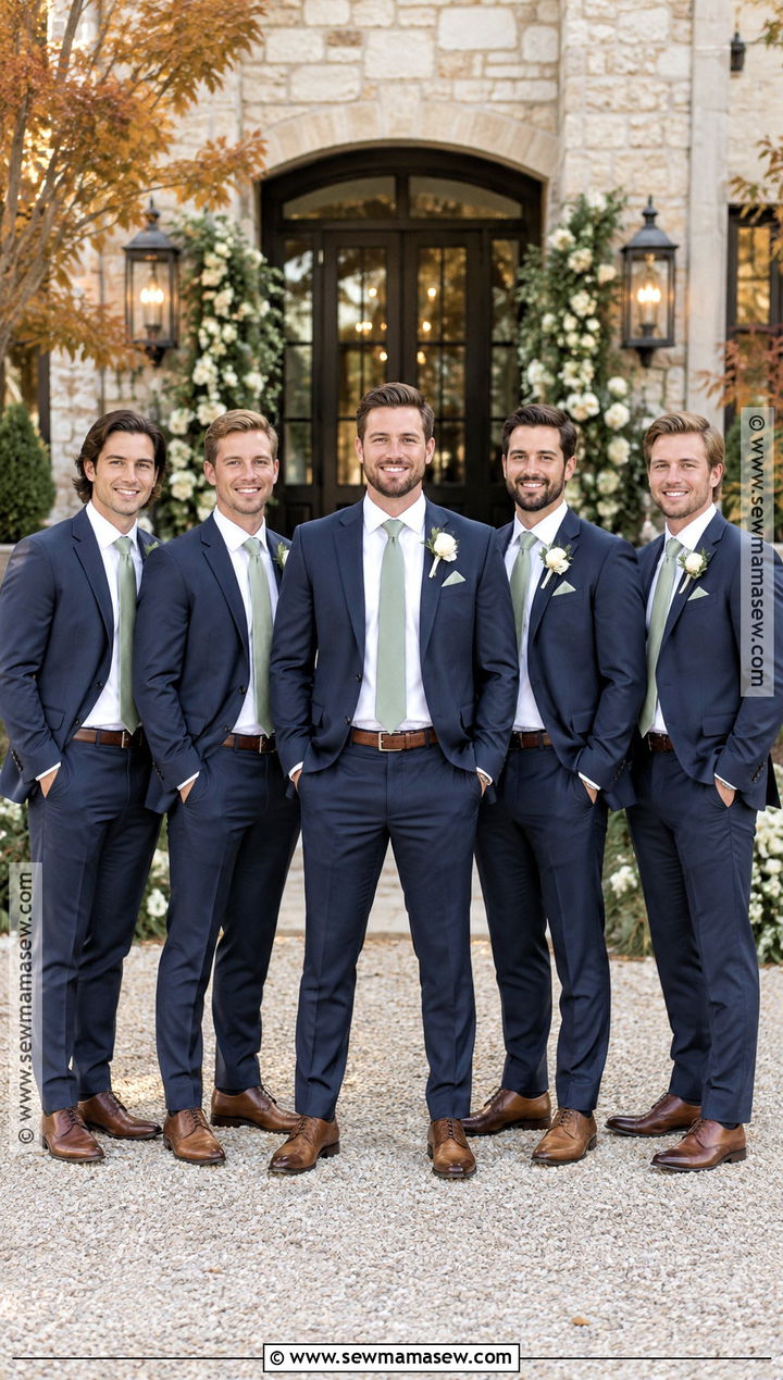 Navy Suit With Sage Green Accessories - 15 fall wedding groomsmen attire sage green ideas