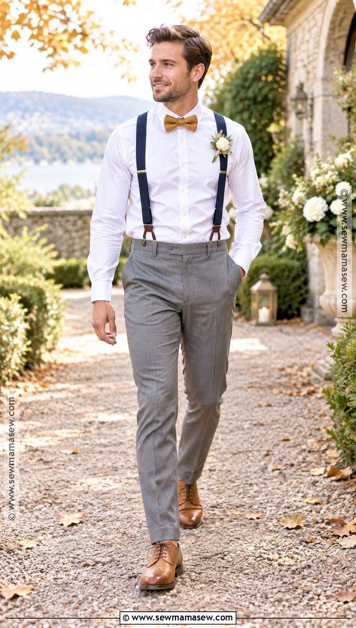 Navy Suspenders And Mustard Bow Tie Outfit - 15 Fall Wedding Suspenders Bow Ties Ideas