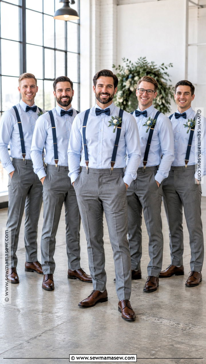 Navy Suspenders With Gray Trousers - 15 fall wedding groomsmen attire suspenders ideas