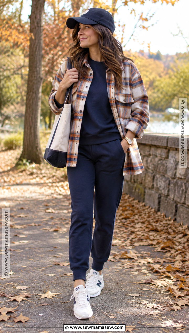 Navy Sweat Suit With Plaid Shacket - 15 fall sweat suit outfits