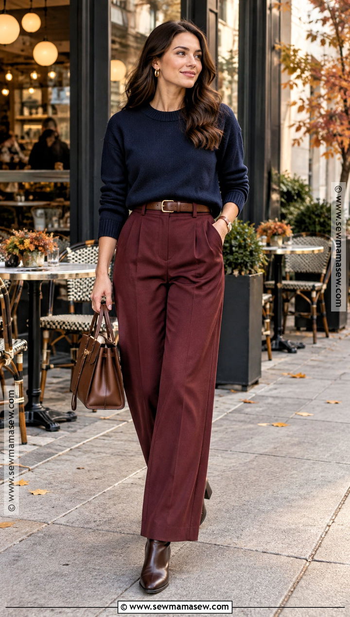 Navy Sweater And Burgundy Pants Outfit - 20 blue fall outfits