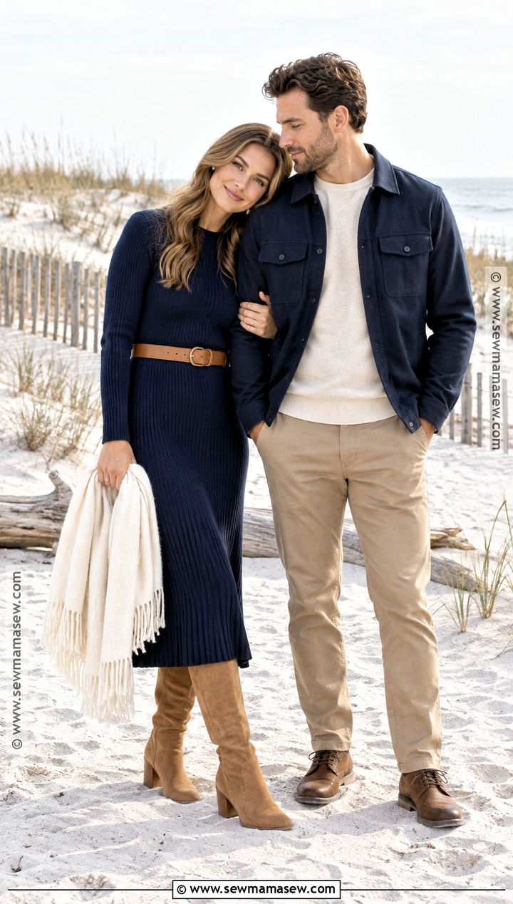 Navy Sweater Dress Fall Beach Engagement Outfit - 15 fall beach engagement photos outfit ideas