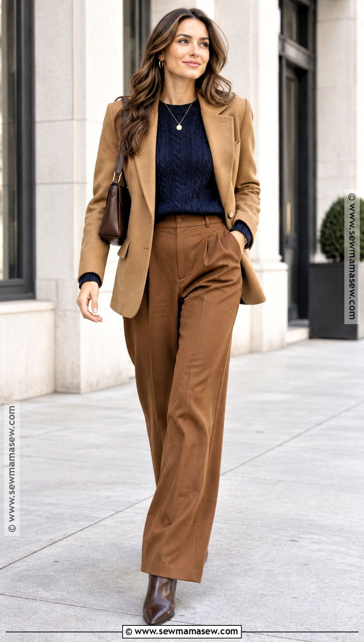 Navy Sweater With Cognac Wide Leg Pants - 15 autumn color palette sweater ideas