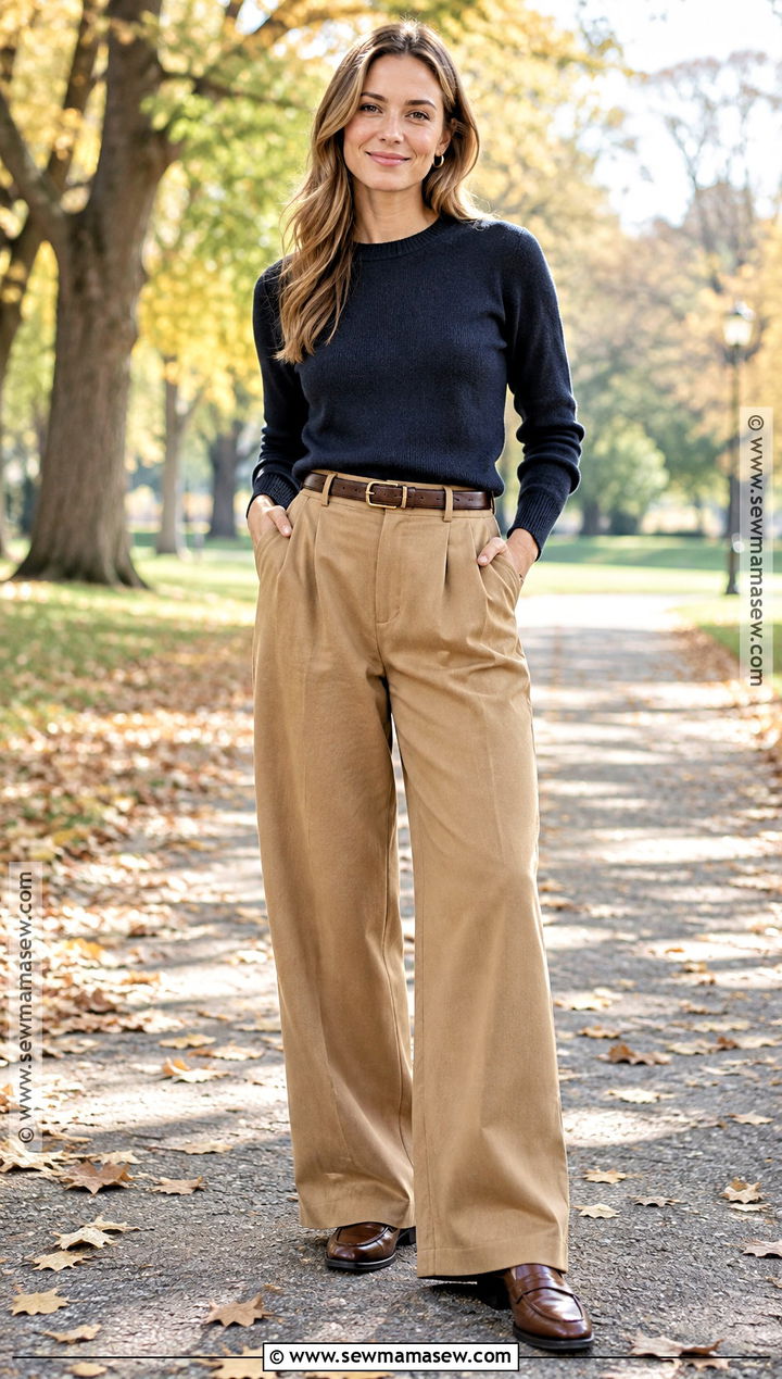Navy Sweater and Camel Trousers Fall Photoshoot Outfit - 25 Fall Photoshoot Outfits