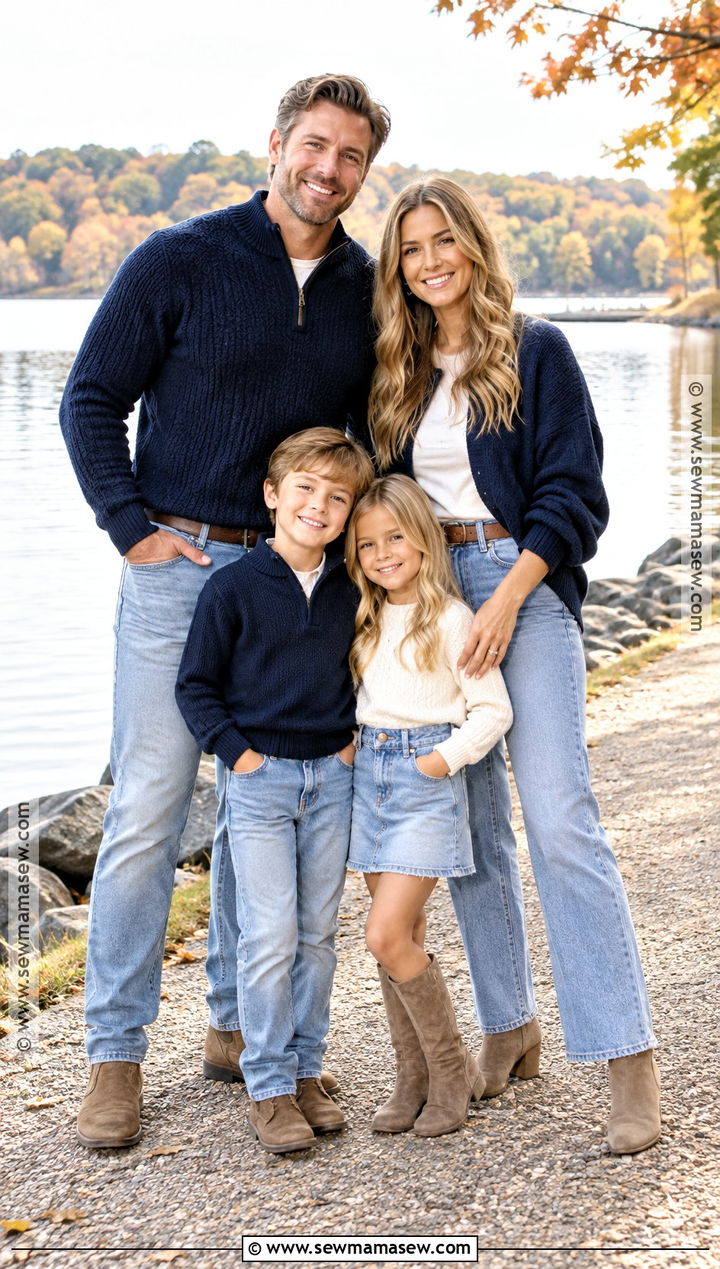 Navy Sweaters And Light Denim Family Photos - 20 denim fall family photos ideas