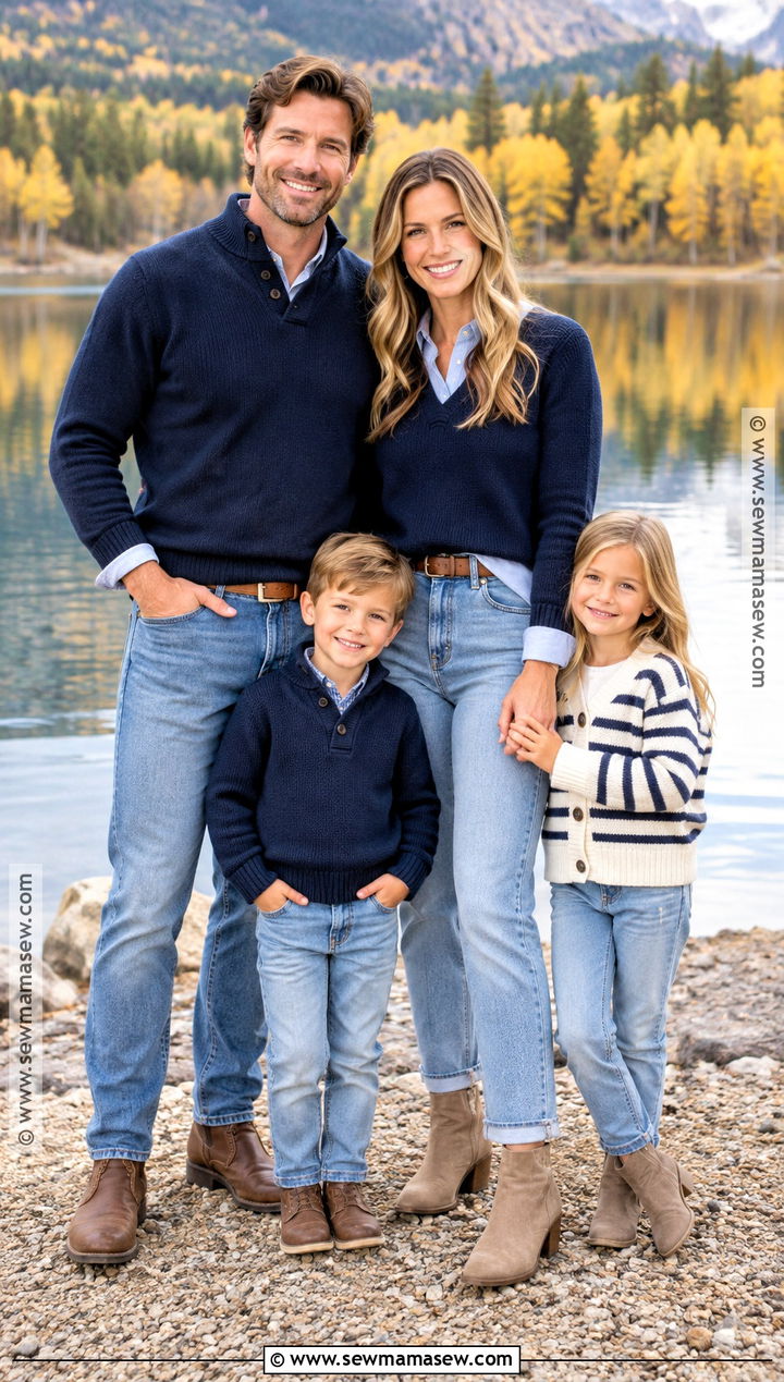 Navy Sweaters And Light Wash Jeans Family Outfit - 15 fall family photo outfits outdoor jeans