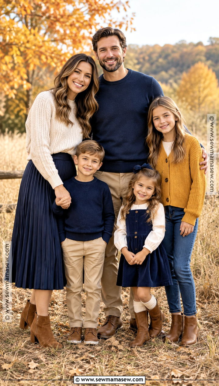 Navy Sweaters And Mustard Accents For Fall Family Pictures - 15 outfit ideas for family pictures fall