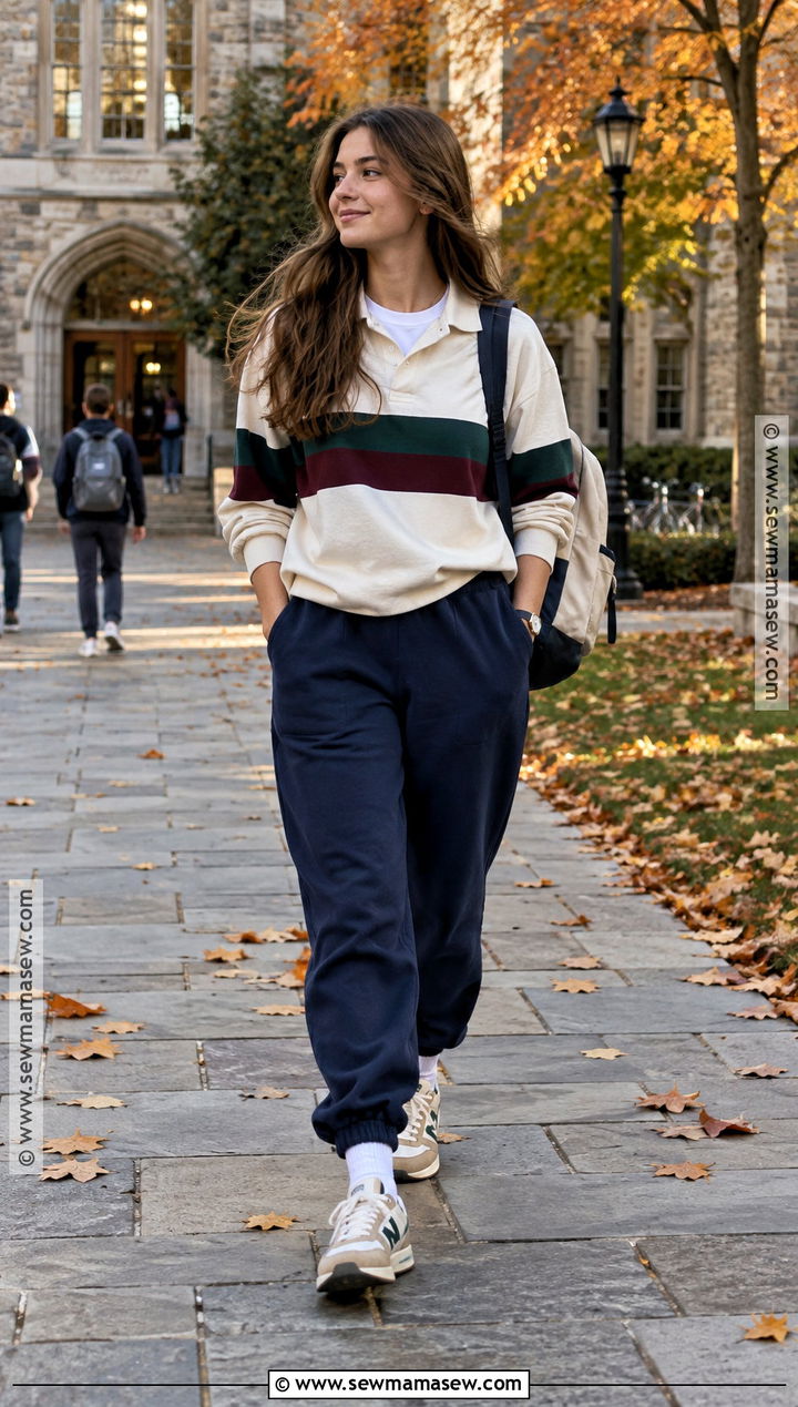 Navy Sweatpants With Rugby Shirt And Trainers - 15 sweatpants outfit for school fall ideas