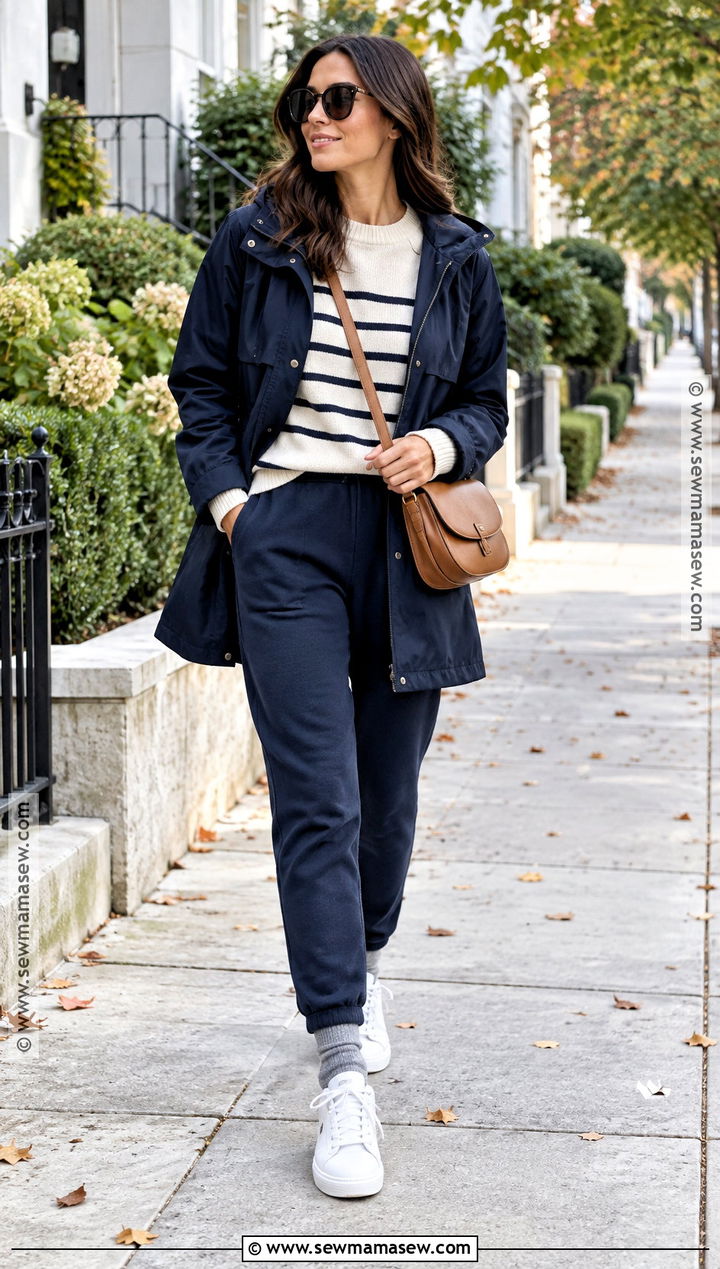 Navy Sweatpants With Striped Sweater And White Sneakers - 20 sweatpants fall outfit ideas