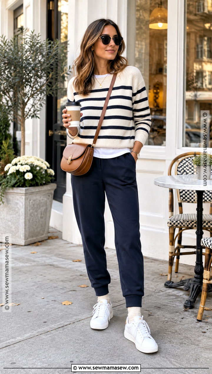 Navy Sweatpants With a Striped Sweater - 15 Cute Fall Sweatpants Outfits