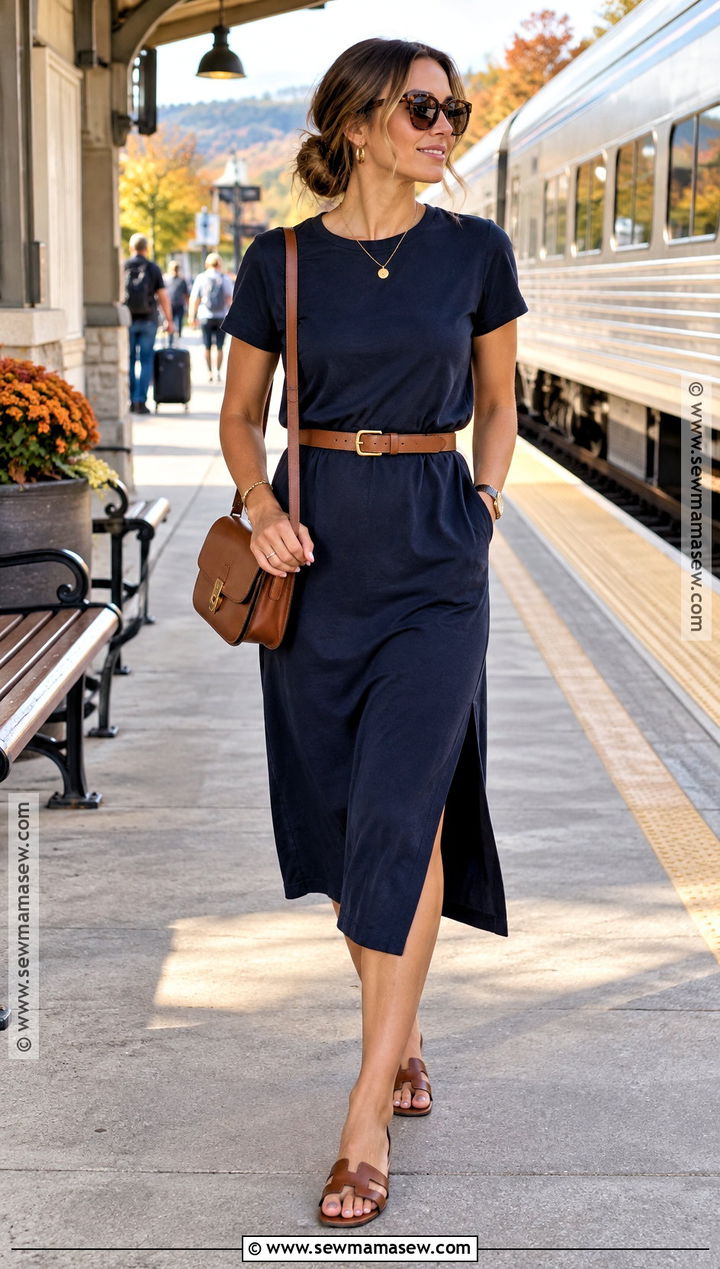 Navy T Shirt Dress And Brown Accessories Fall Outfit - 25 hot weather fall outfits