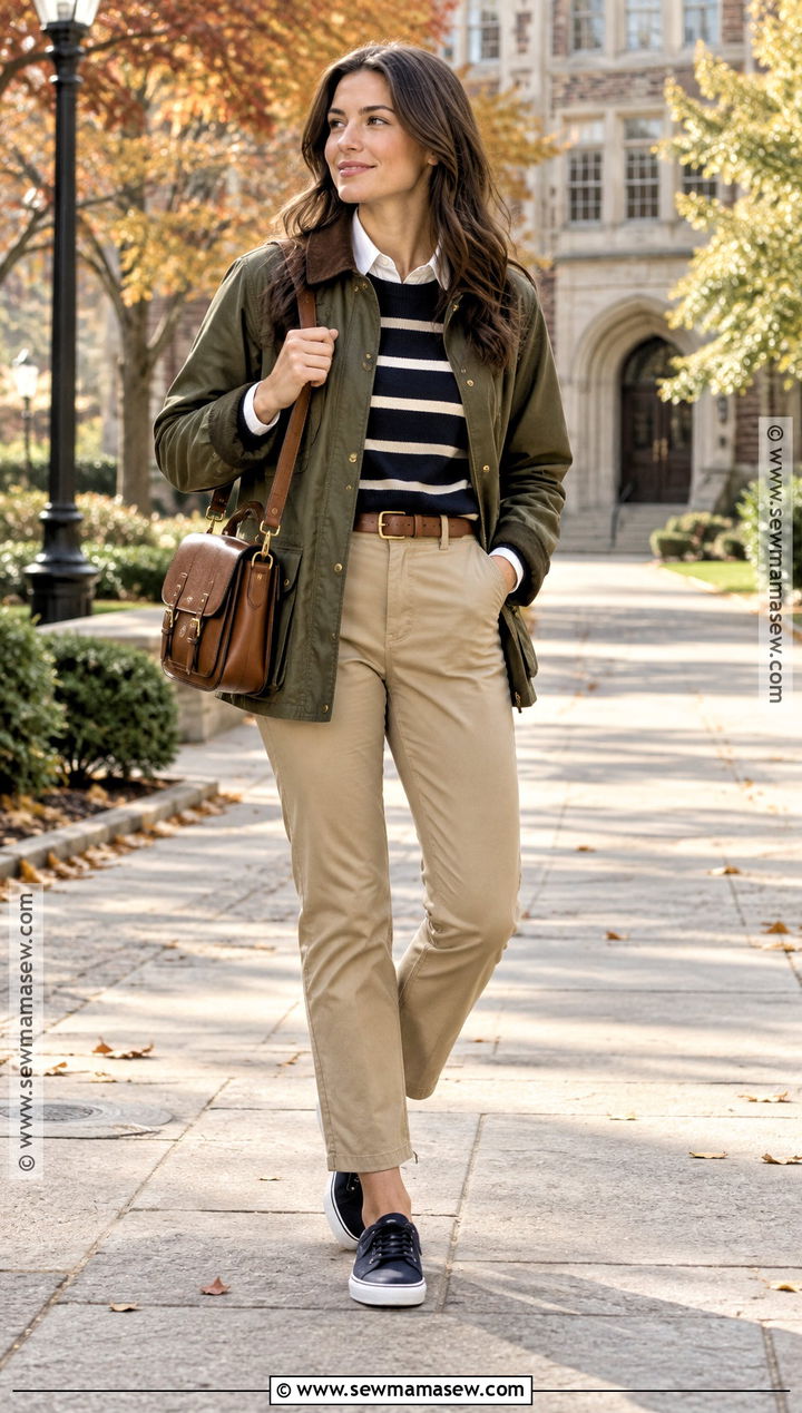 Navy Tennis Shoes With Chinos And Striped Sweater - 15 tennis shoes outfit fall