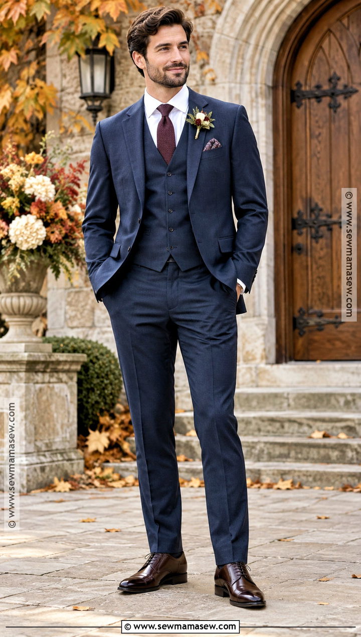 Navy Three Piece Groom Suit - 20 groom fall wedding attire ideas