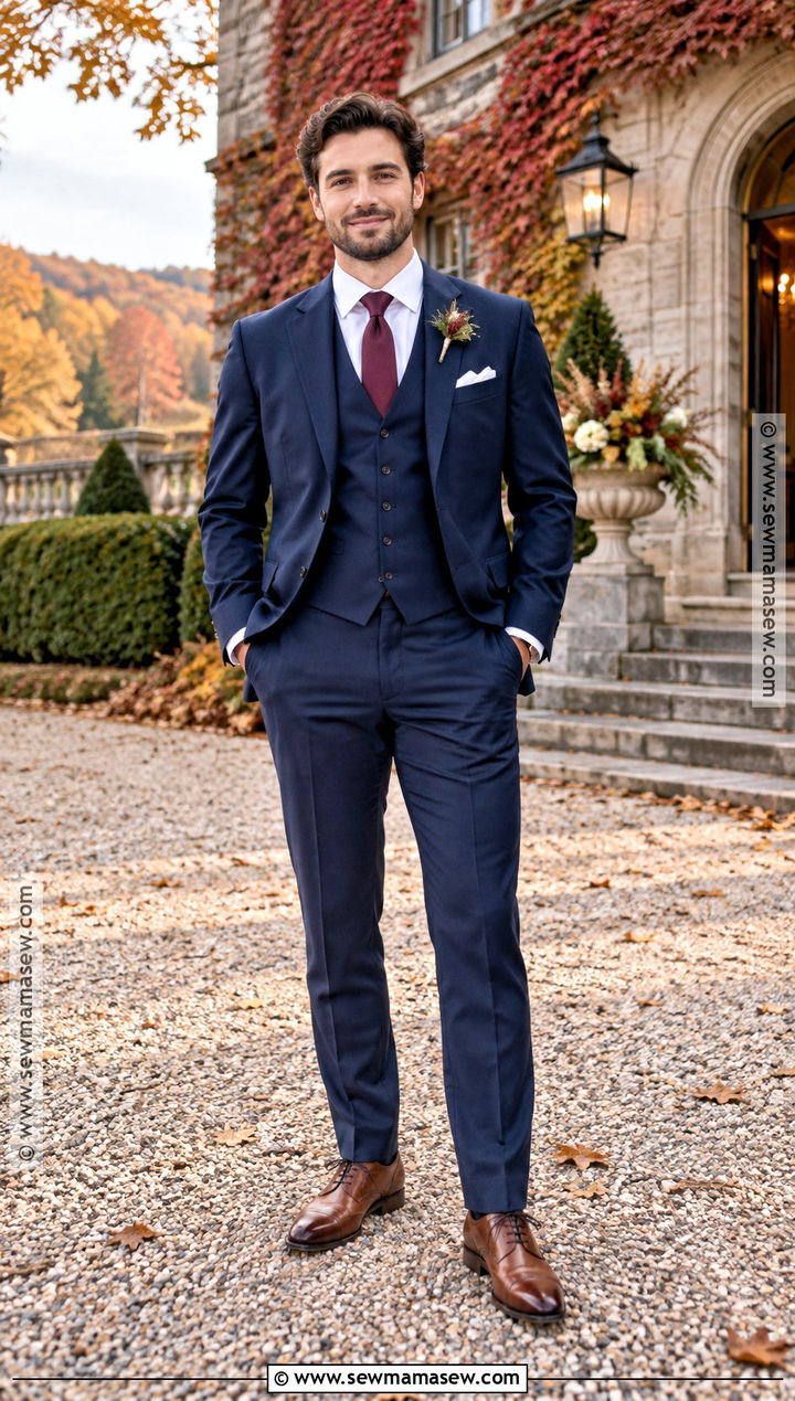 Navy Three Piece Groom Suit - 15 groom attire fall wedding ideas