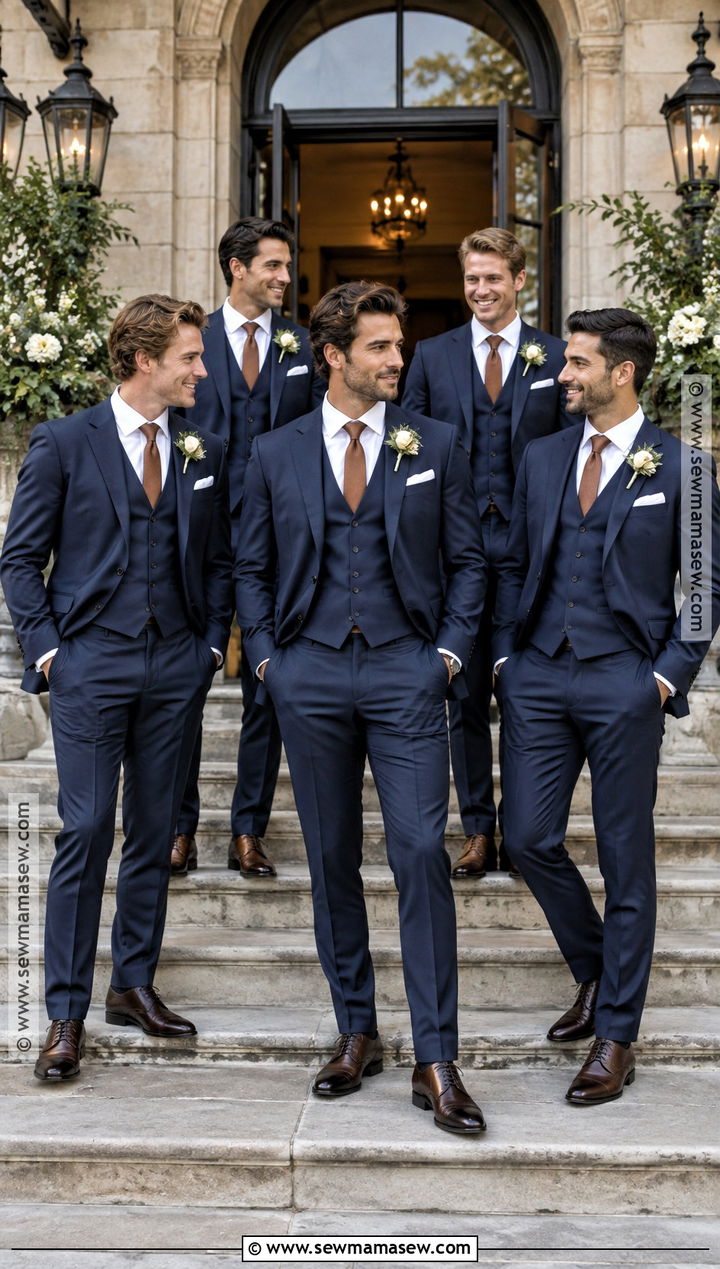 Navy Three Piece Groomsmen Suits With Copper Ties - 15 september groomsmen attire ideas