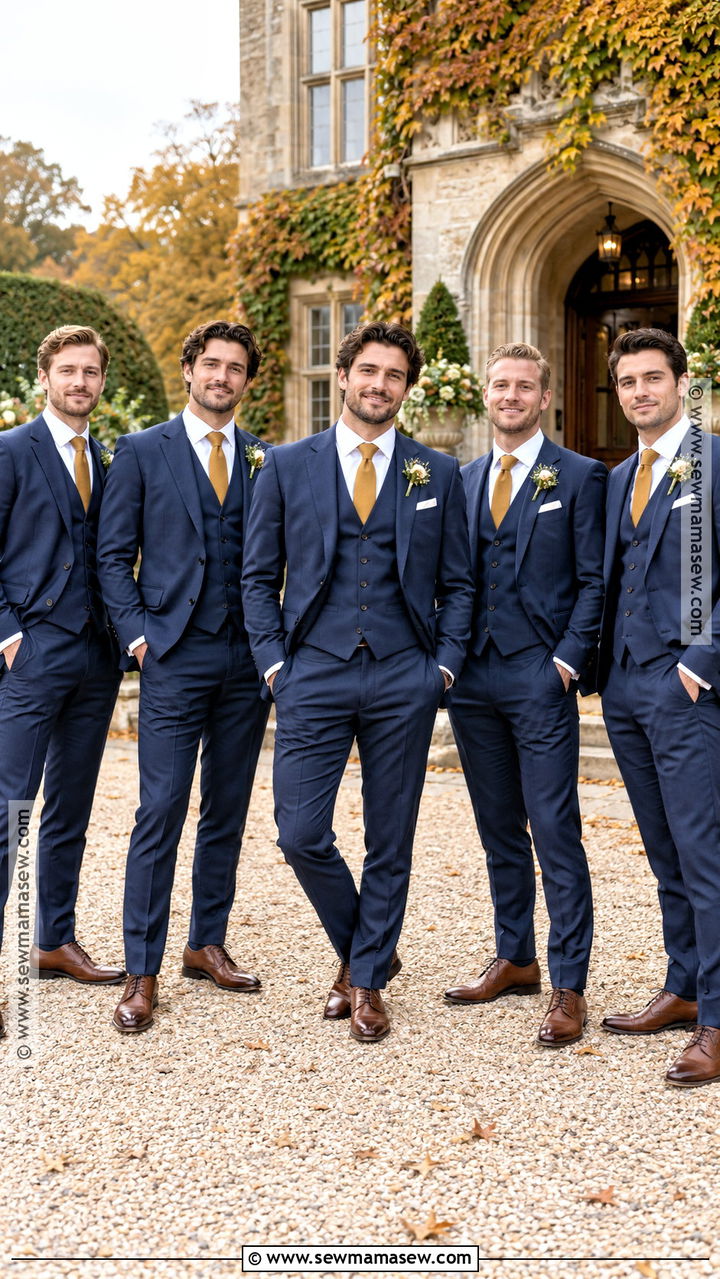Navy Three Piece Groomsmen Suits With Mustard Ties - 20 groomsmen attire fall ideas