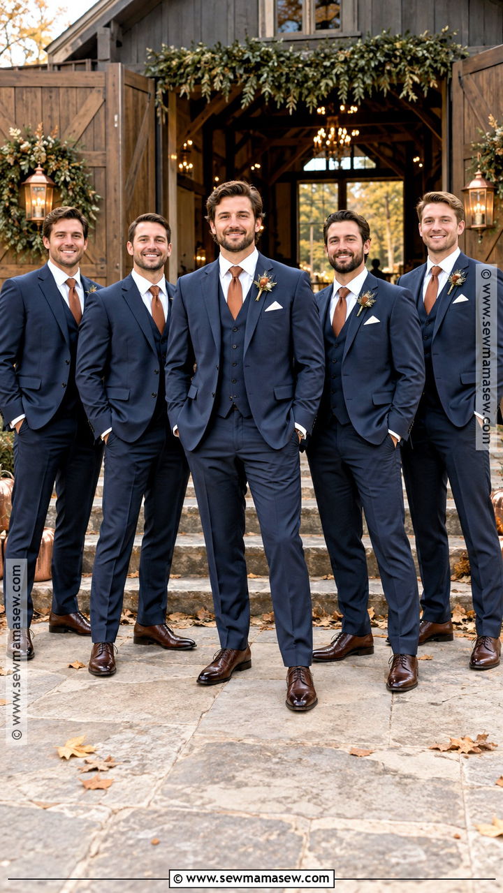 Navy Three Piece Suit With Copper Tie - 20 groomsmen fall wedding attire ideas