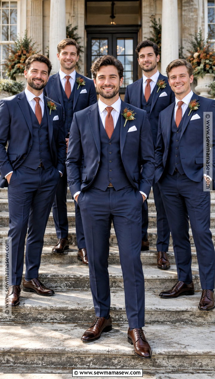 Navy Three Piece Suits With Copper Ties - 15 groomsmen attire autumn ideas
