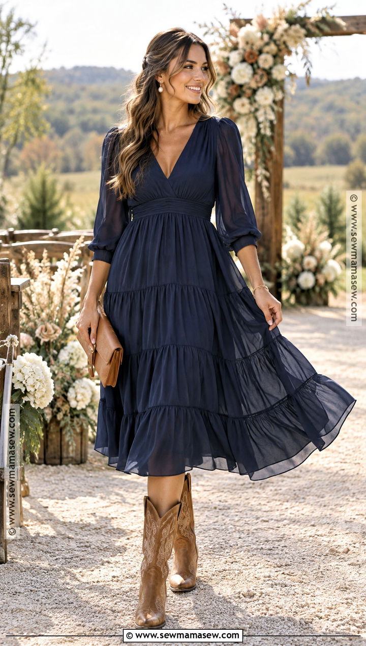Navy Tiered Chiffon Dress With Cowboy Boots - 15 dress with cowboy boots wedding guest fall