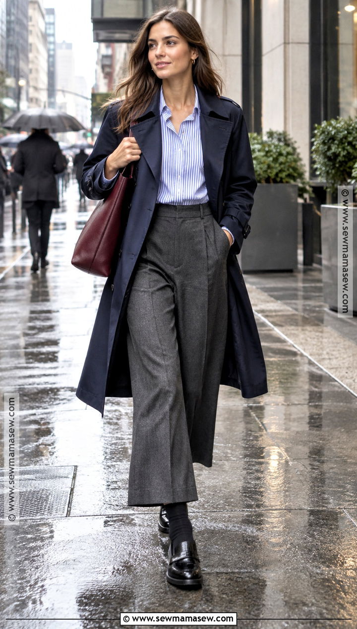 Navy Trench And Striped Shirt Work Outfit - 20 Fall Rainy Day Outfits Work
