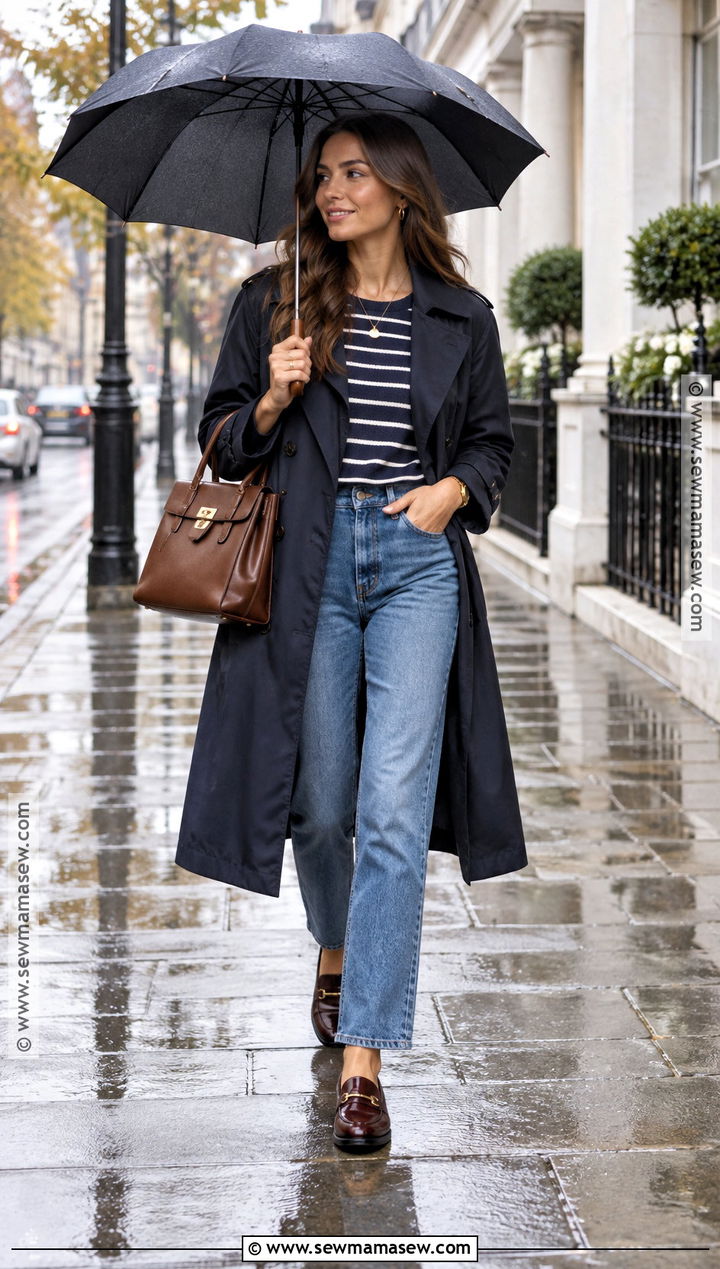 Navy Trench Coat And Blue Jeans Outfit - 20 blue fall outfits