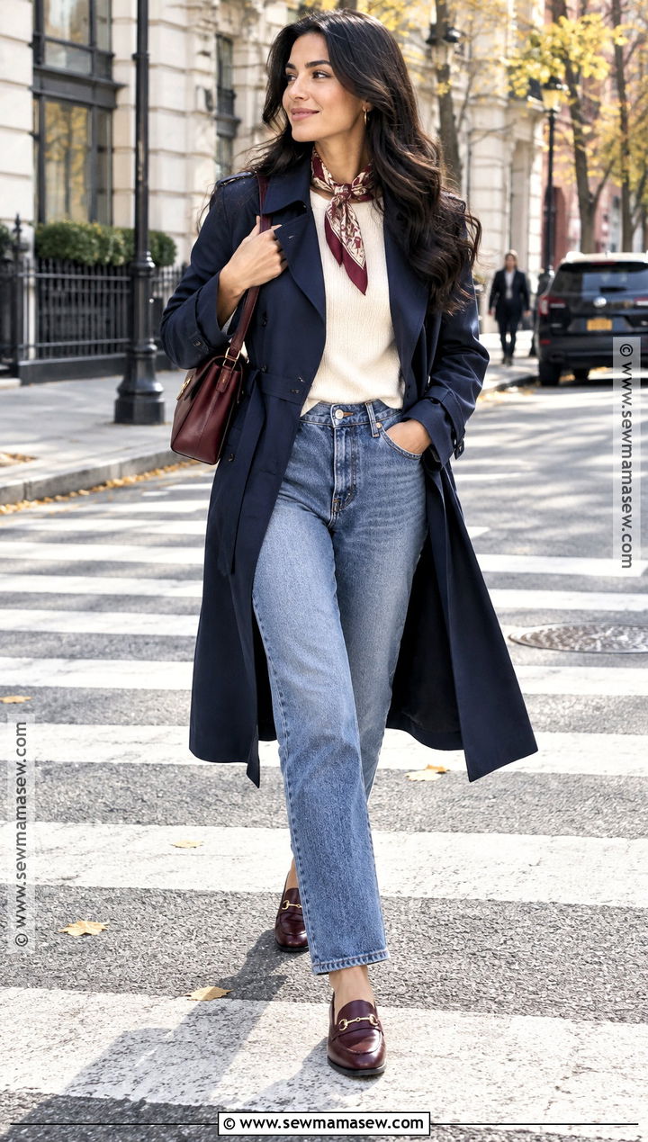 Navy Trench Coat And Straight Leg Jeans Outfit - 15 black hair fall outfit ideas