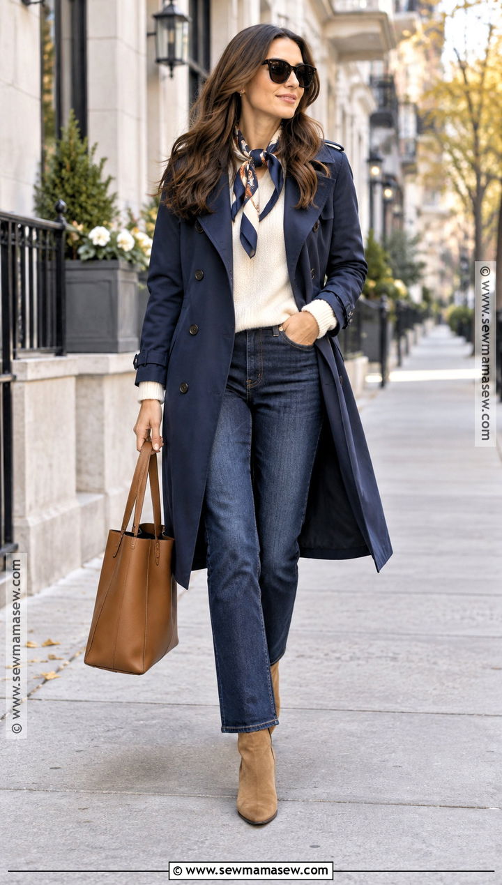 Navy Trench Coat With Cream Knit And Jeans - 20 Navy Fall Outfits