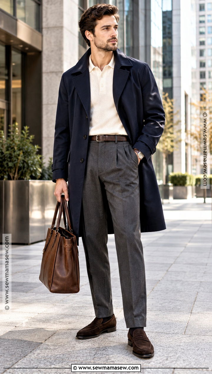 Navy Trench Coat With Knit Polo And Pleated Trousers - 15 men's autumn trench coat ideas