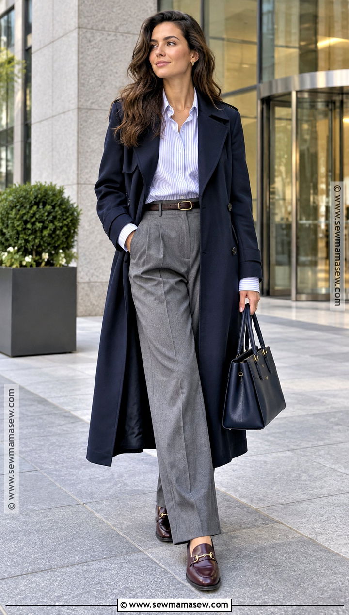 Navy Trench Coat With Shirt And Pleated Trousers - 15 autumn trench coat ideas for women