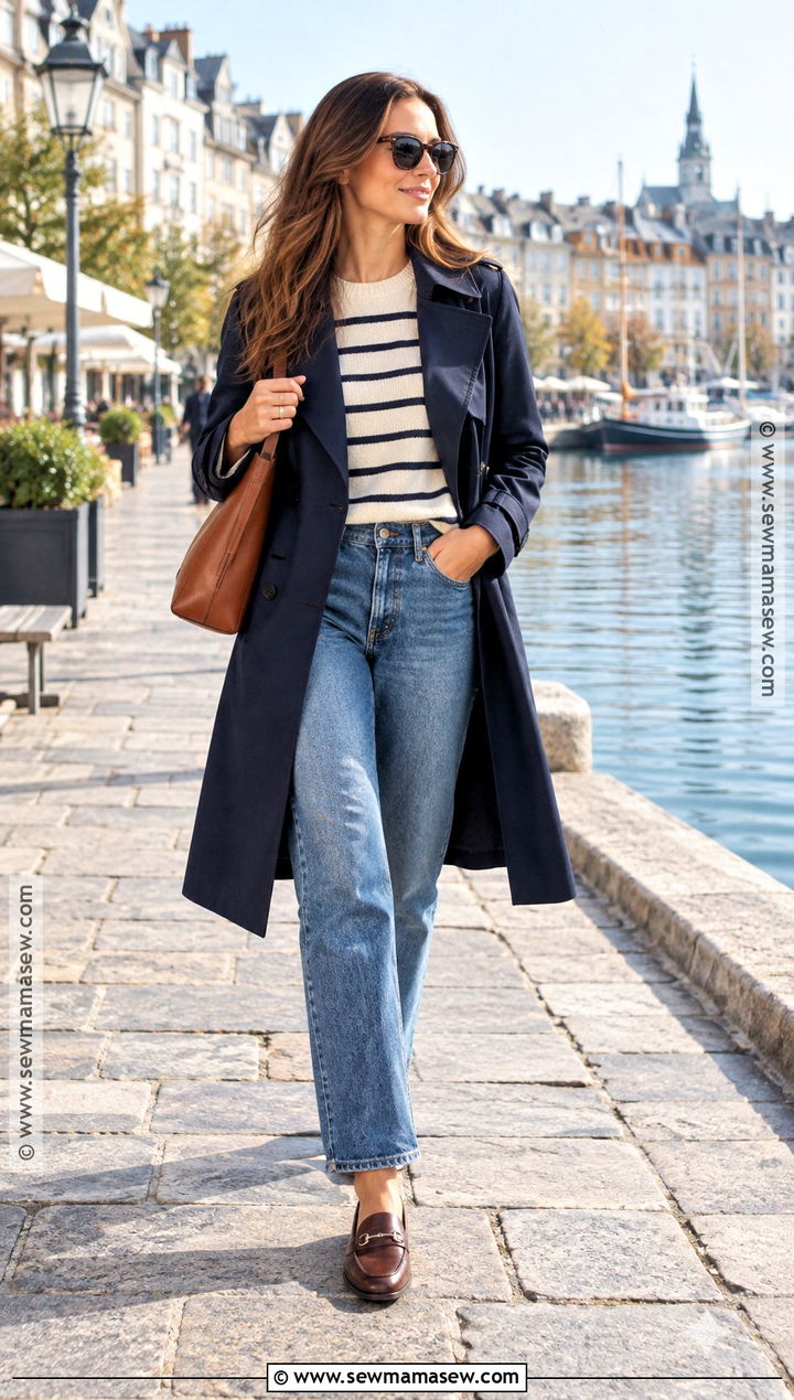 Navy Trench Coat With Striped Sweater - 20 autumn outfits trench coat