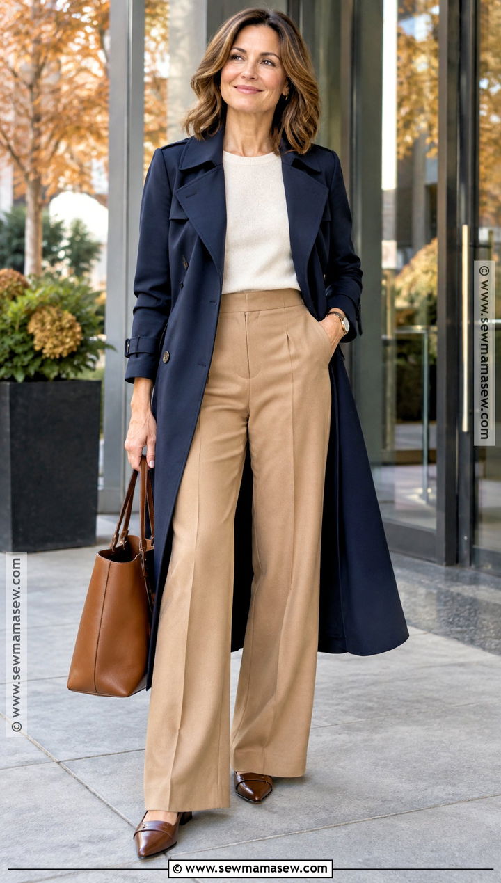 Navy Trench Coat With Wide Leg Trousers - 15 fall trench coat outfit ideas