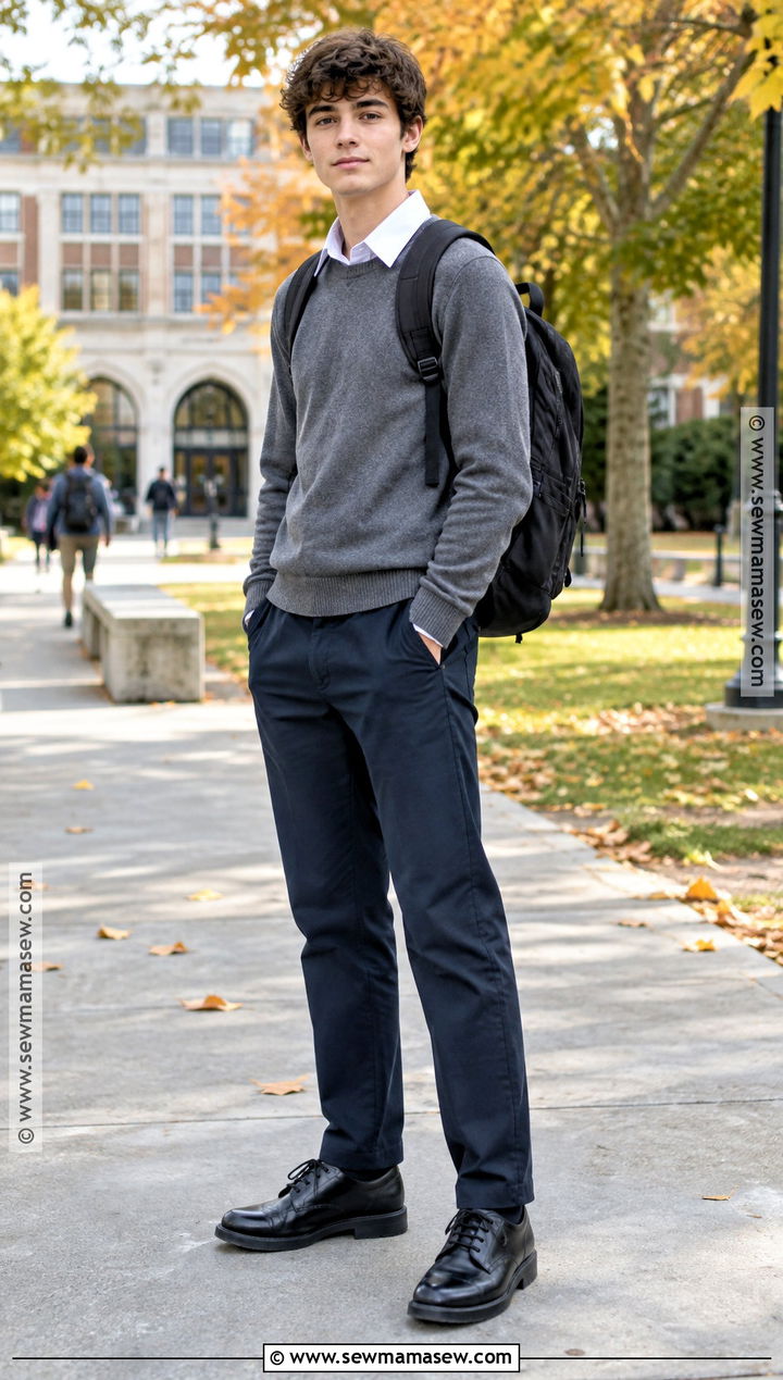 Navy Trousers School Uniform With Crewneck Sweater - 20 Autumn School Uniform Ideas