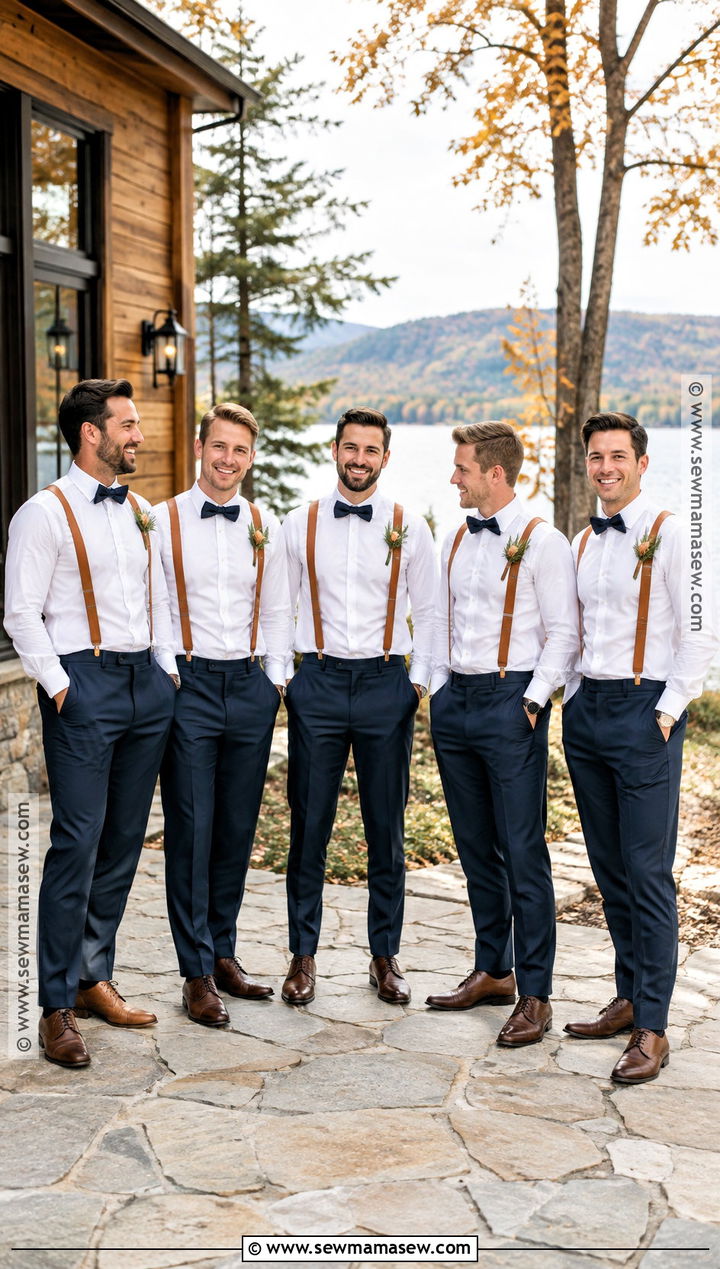 Navy Trousers With Burnt Orange Suspenders - 15 fall groomsmen attire suspenders ideas