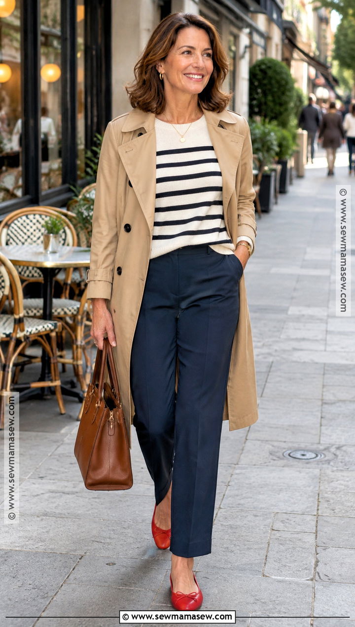 Navy Trousers With Striped Sweater And Red Flats - 20 trousers fall outfit ideas