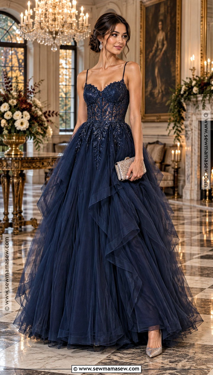 Navy Tulle Ball Gown - 25 black tie wedding guest dress fall ideas