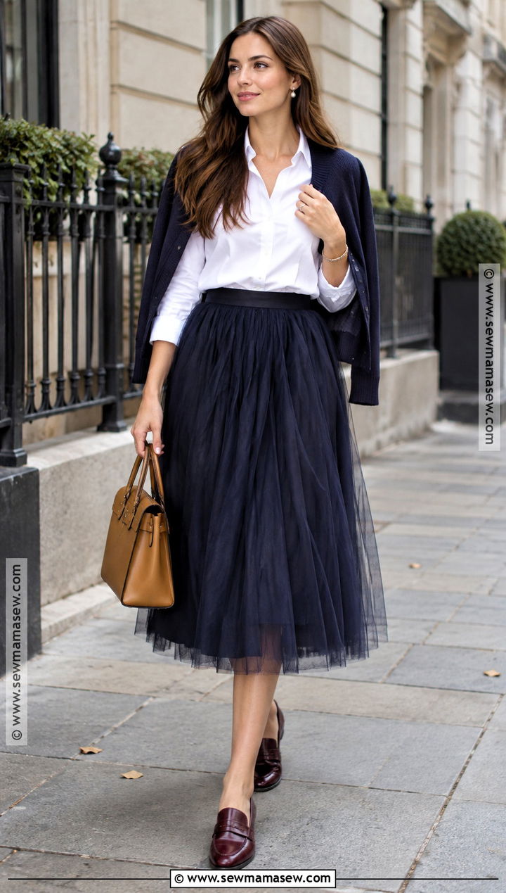 Navy Tulle Skirt With White Button Down Shirt - 15 tulle skirt fall outfit ideas