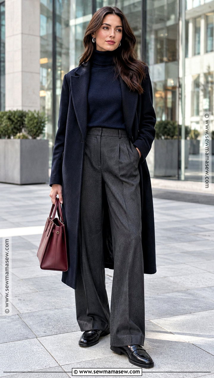 Navy Turtleneck And Gray Trouser Outfit - 25 dark fall outfits