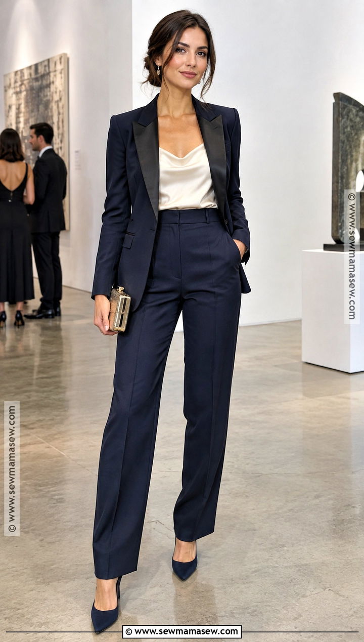 Navy Tuxedo Suit With Pointed Toe Heels - 25 fall formal outfits