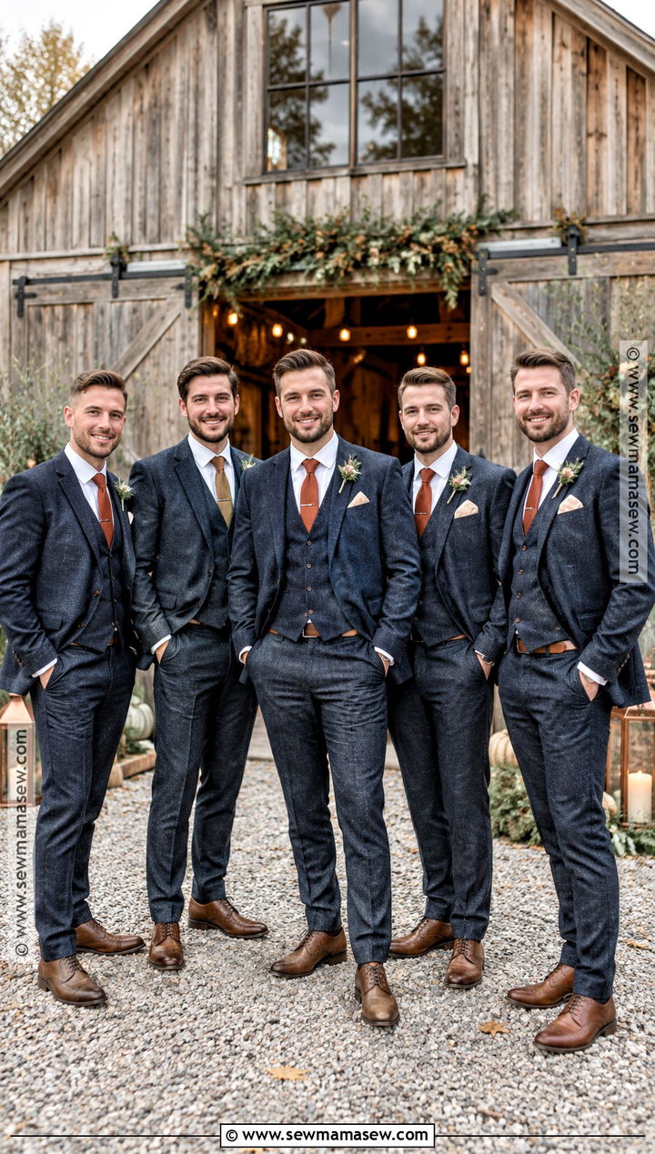 Navy Tweed Suit With Rust Tie Groomsmen Attire - 15 country fall wedding groomsmen attire ideas