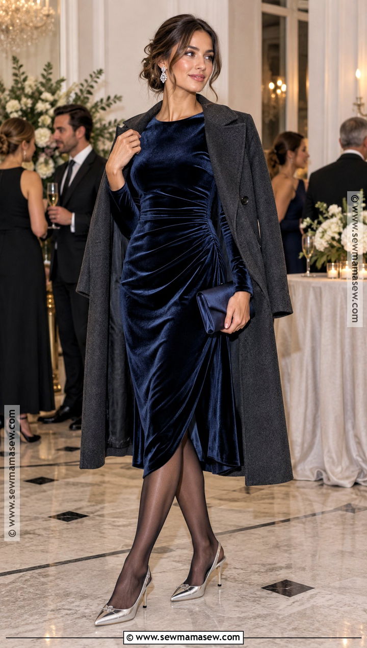 Navy Velvet Autumn Formal Midi Dress - 20 autumn dress formal ideas