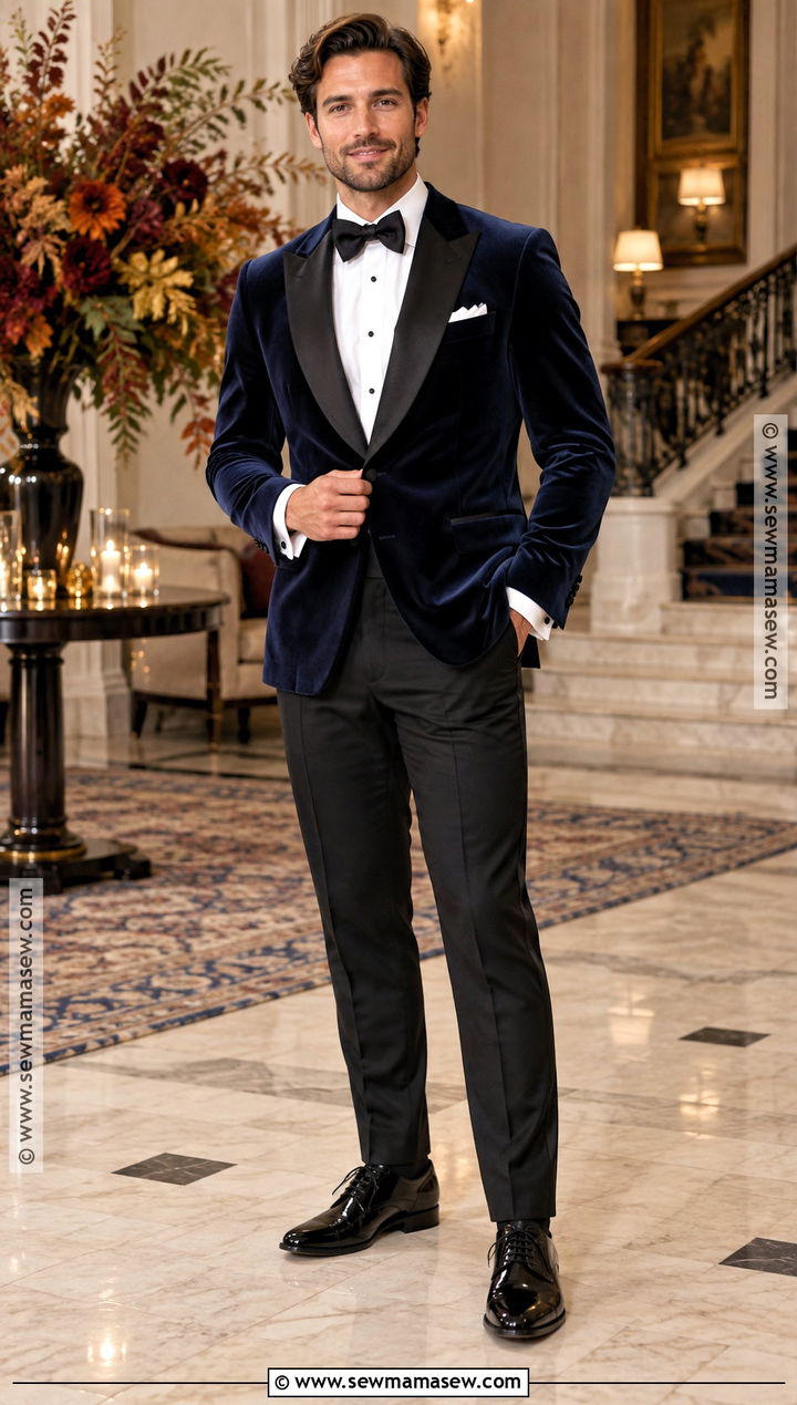 Navy Velvet Dinner Jacket Groom Outfit - 15 groom outfit fall wedding ideas