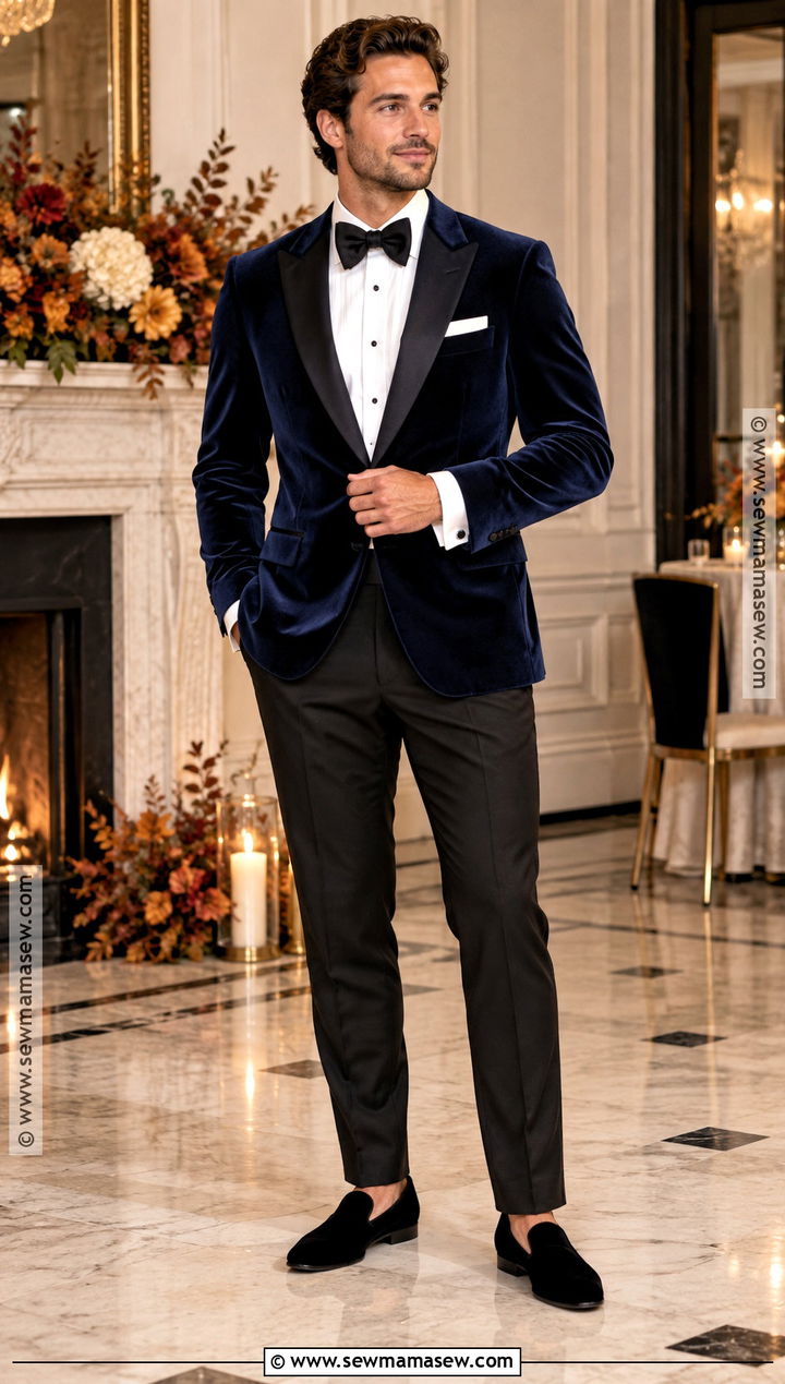 Navy Velvet Dinner Jacket Groom Outfit - 15 fall wedding attire for groom ideas