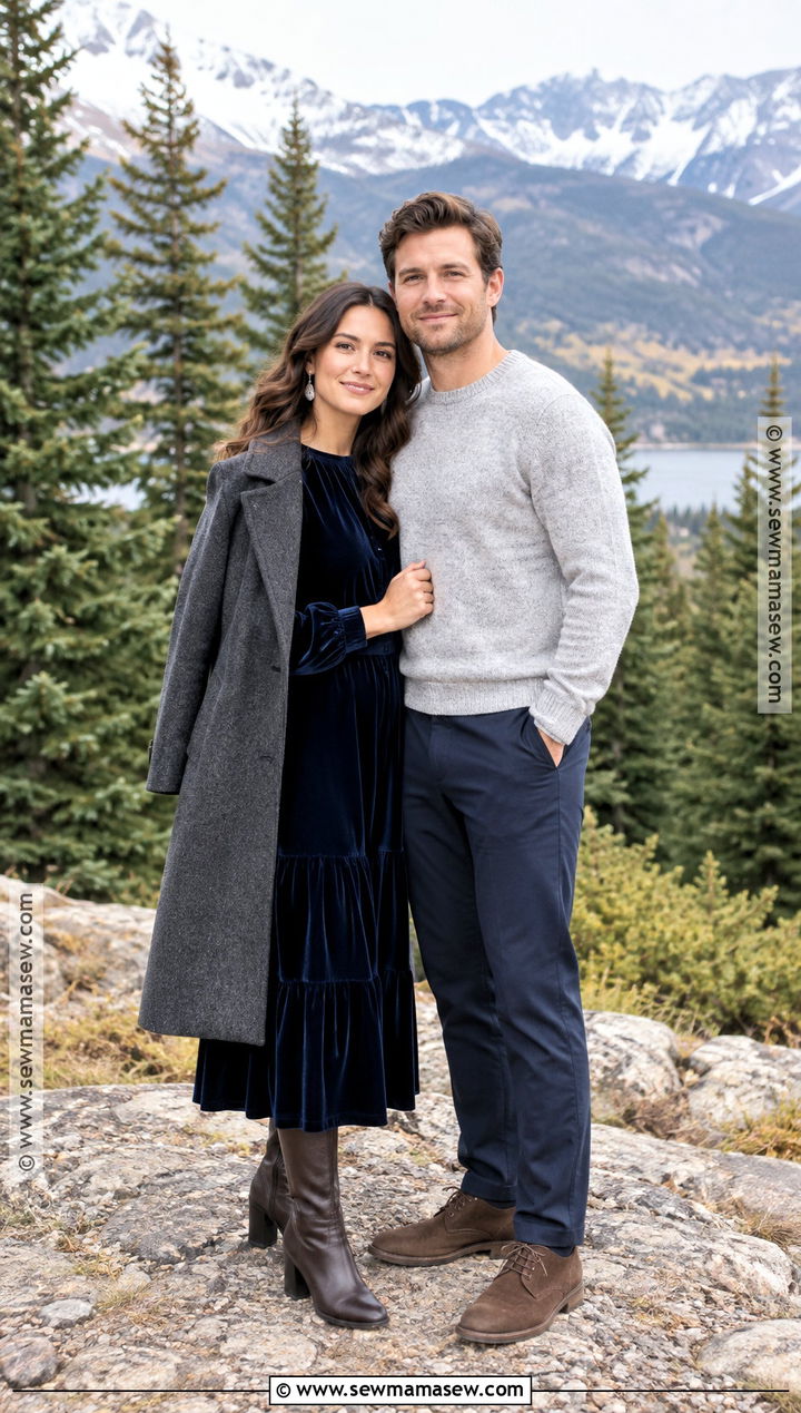 Navy Velvet Dress Mountain Engagement Outfit - 15 Fall Mountain Engagement Photos Outfit Ideas