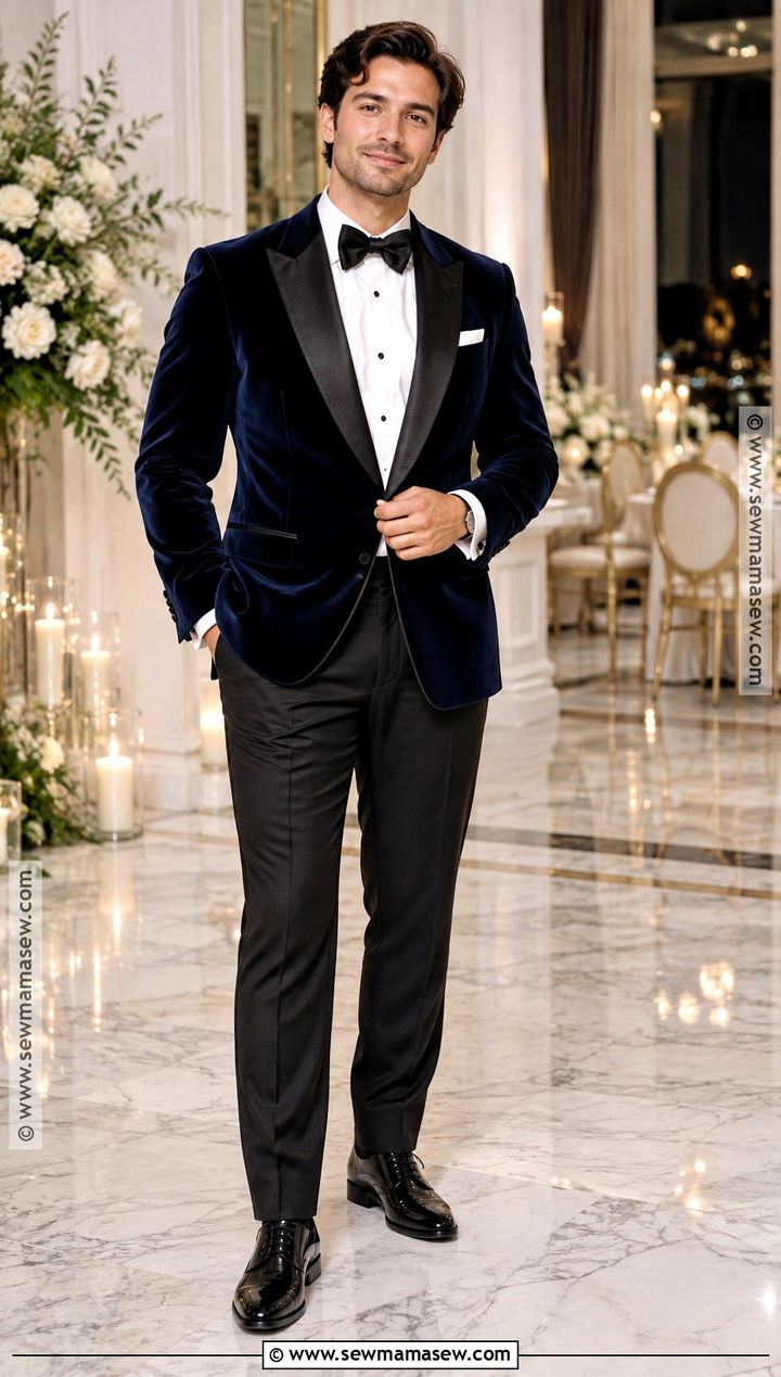 Navy Velvet Groom Jacket With Black Trousers - 20 fall groom attire ideas