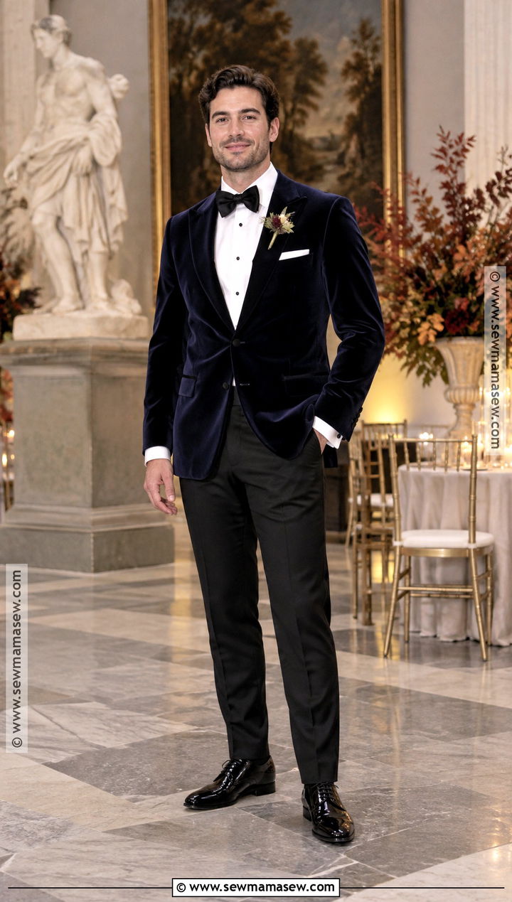 Navy Velvet Groom Jacket - 20 groom fall wedding attire ideas
