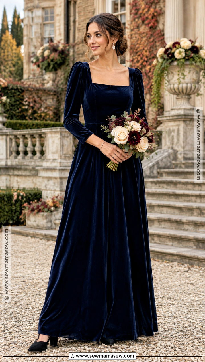 Navy Velvet Long Sleeve Bridesmaid Dress - 20 blue bridesmaid dresses fall