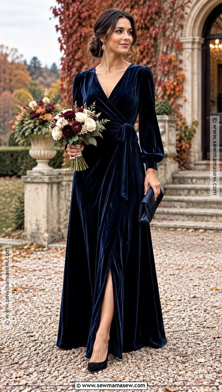 Navy Velvet Long Sleeve Bridesmaid Dress - 15 blue fall bridesmaid dresses