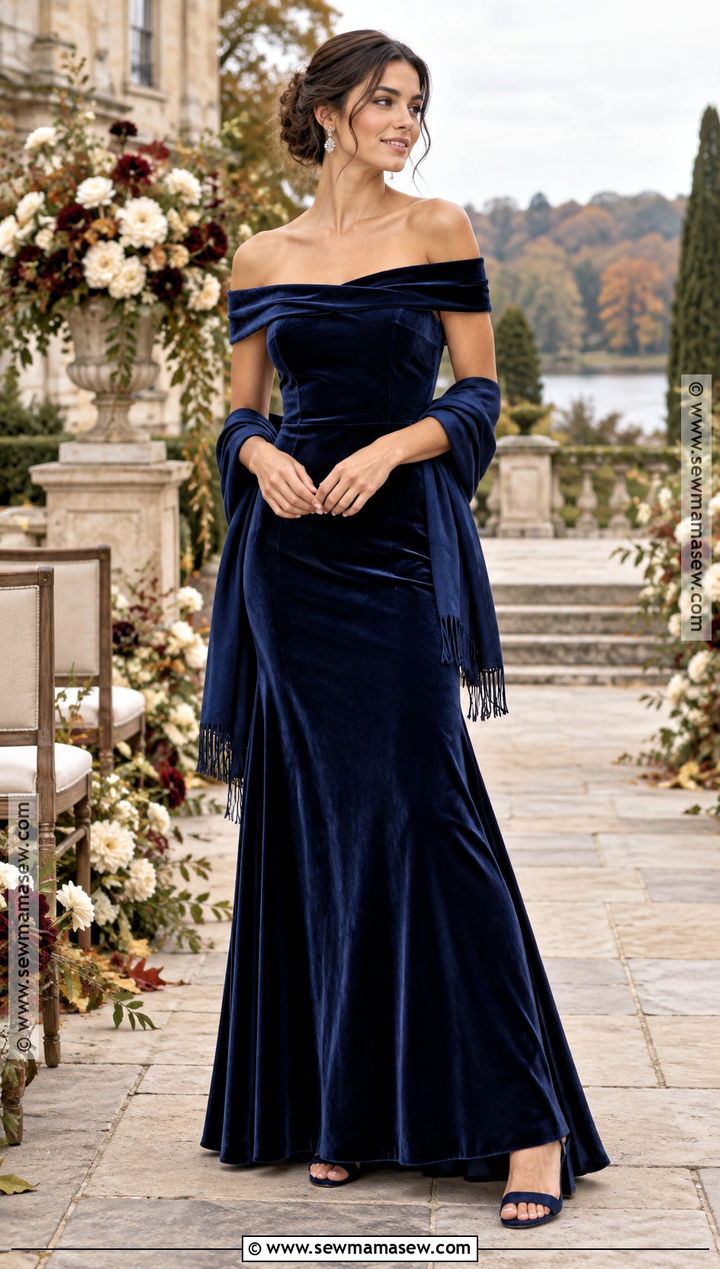 Navy Velvet Off Shoulder Bridesmaid Dress - 15 Fall Outdoor Wedding Bridesmaid Dresses