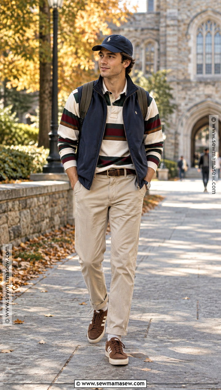 Navy Vest With Rugby Shirt and Chinos - 15 Mens Fall Vest Outfit Ideas