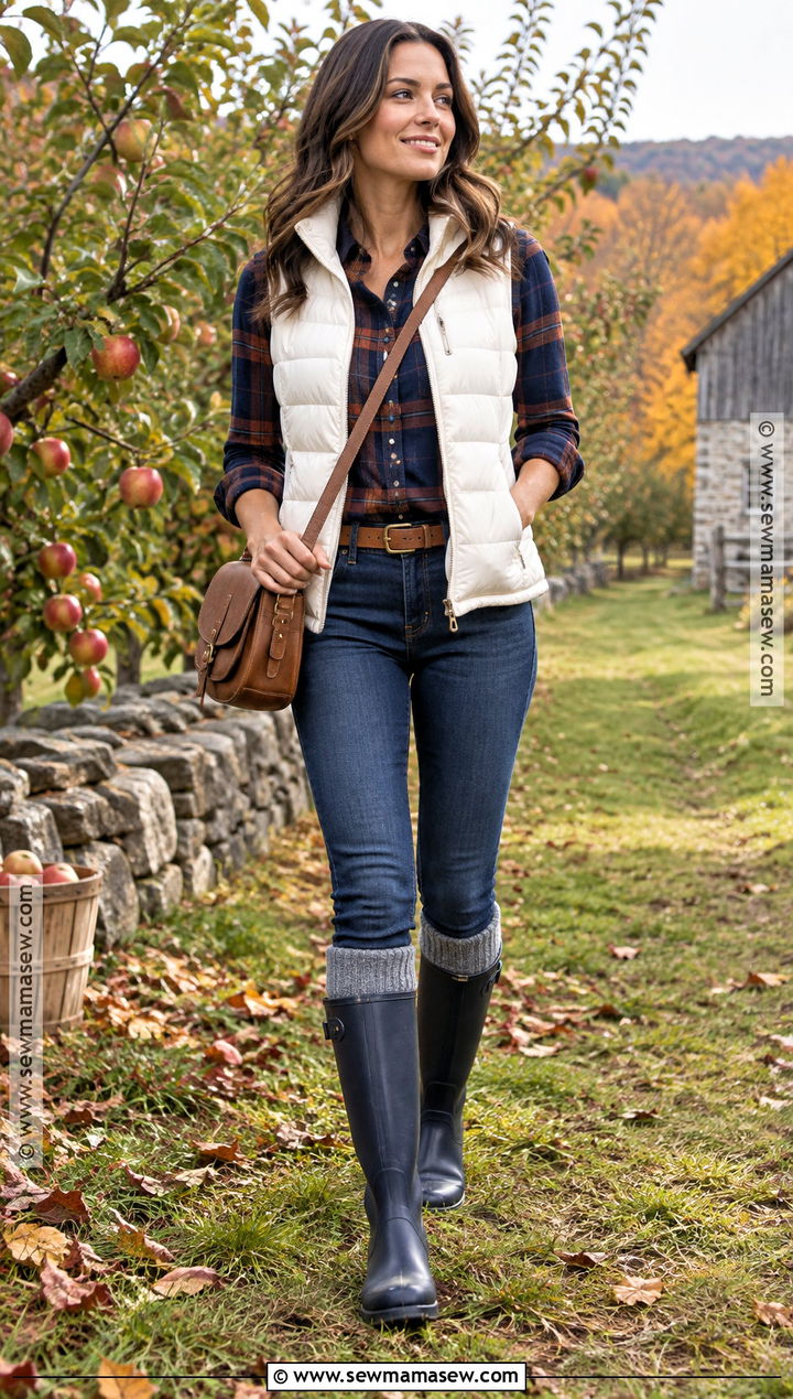 Navy Wellies With Plaid Shirt And Puffer Vest - 15 wellies outfit autumn ideas